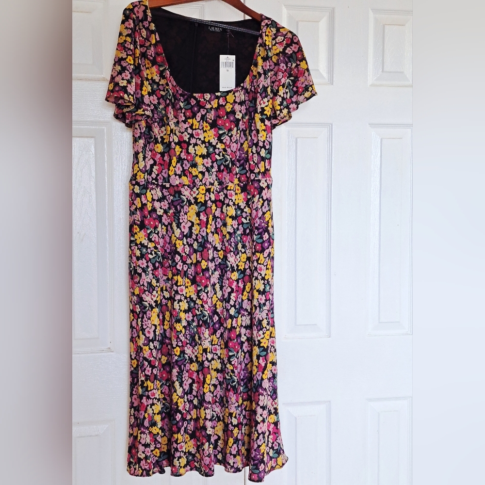 Ralph Lauren Black Label NWT Vibrant Floral Midi Dress Pink Yellow Purple Black